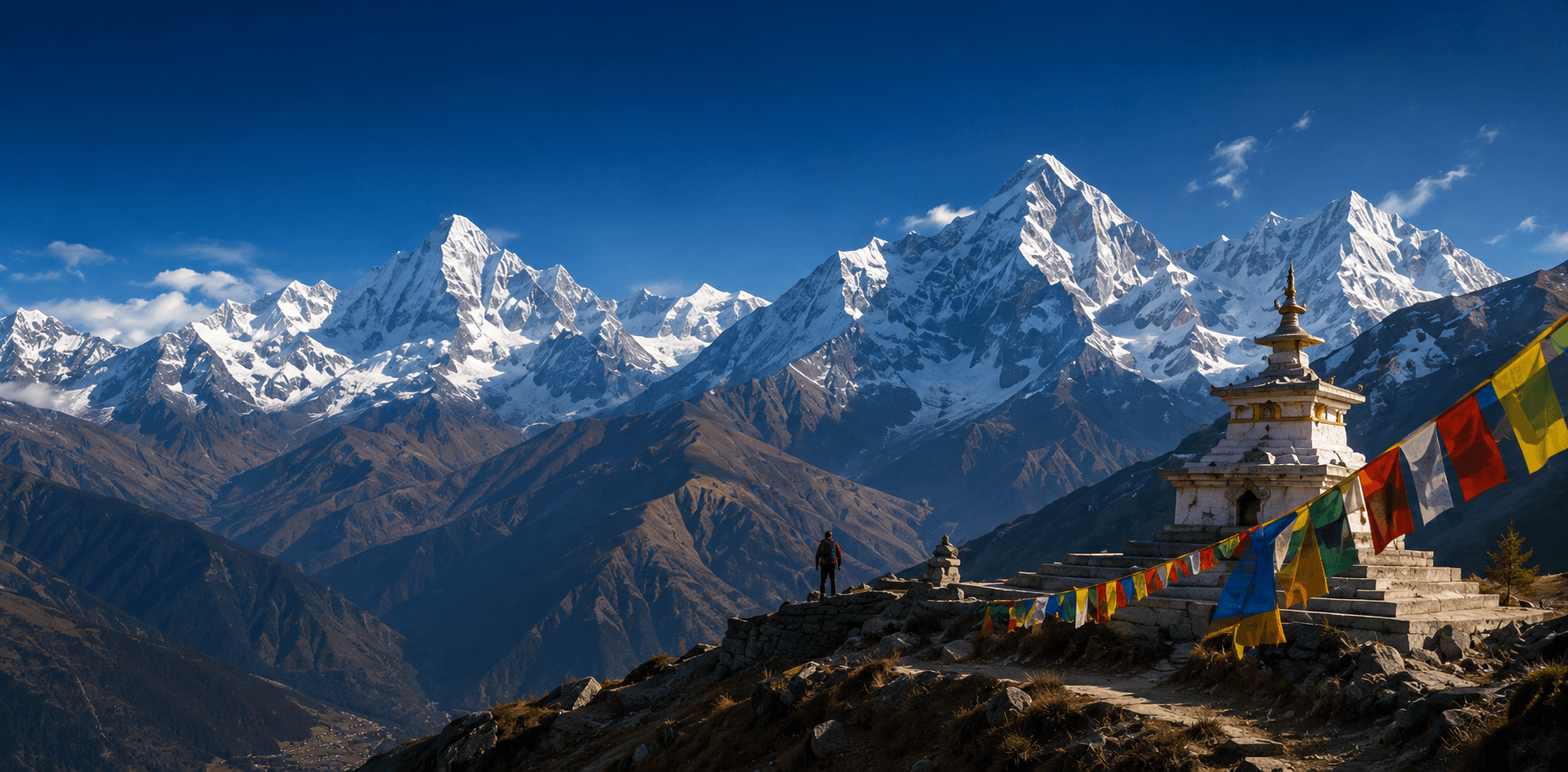 Trekker overlooking the Himalayas at sunrise