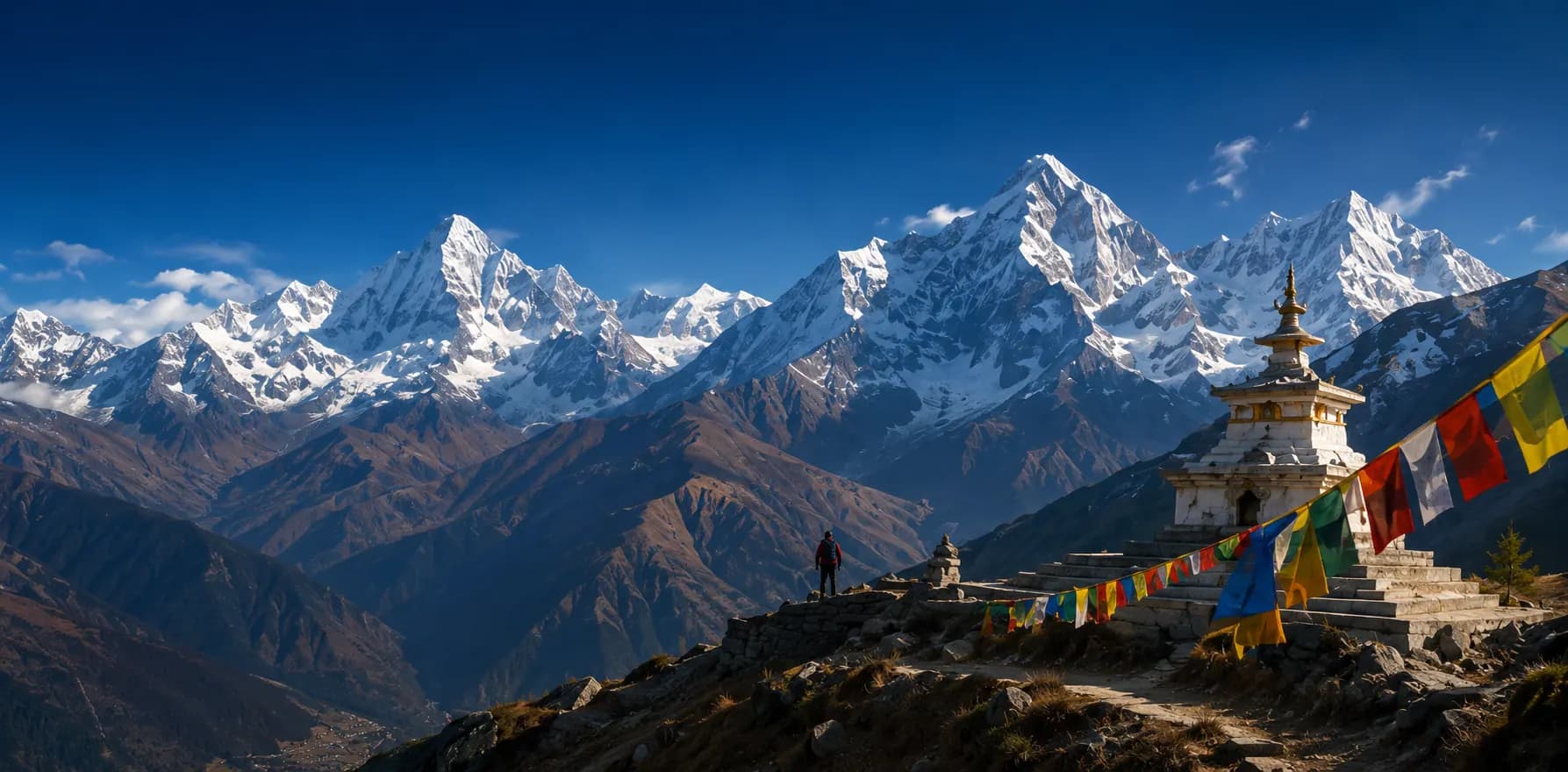 Trekker overlooking the Himalayas at sunrise